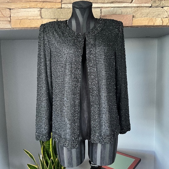 VTG 80s Laurence Kazar Silk Sequins Beaded Jacket Party Event Holiday Black MP - Picture 1 of 10